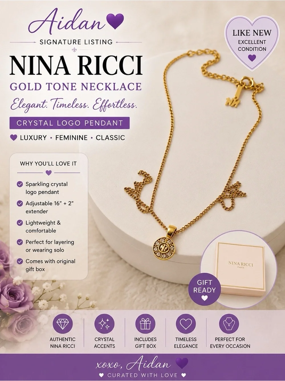 Nina Ricci Gold Tone Crystal Logo Pendant Necklace 16” + 2” Extender